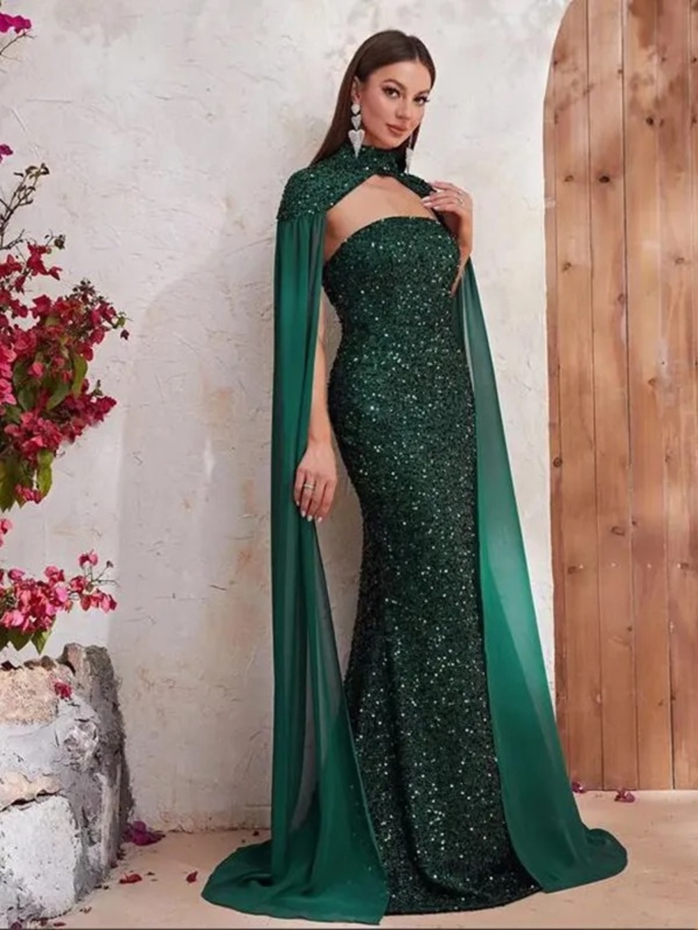 Green Sequin Strapless Evening Dress with Chiffon Shawl
